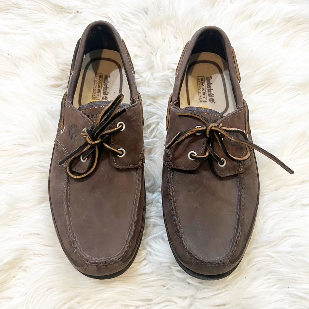 Timberland 80533 Brown Leather Smart Comfort Moc Toe Lace Up Boat Shoes Men’s 10